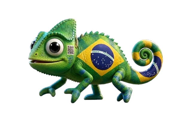 Scan, o camaleão mascote 3D da QRiart, com a bandeira do Brasil pintada no corpo